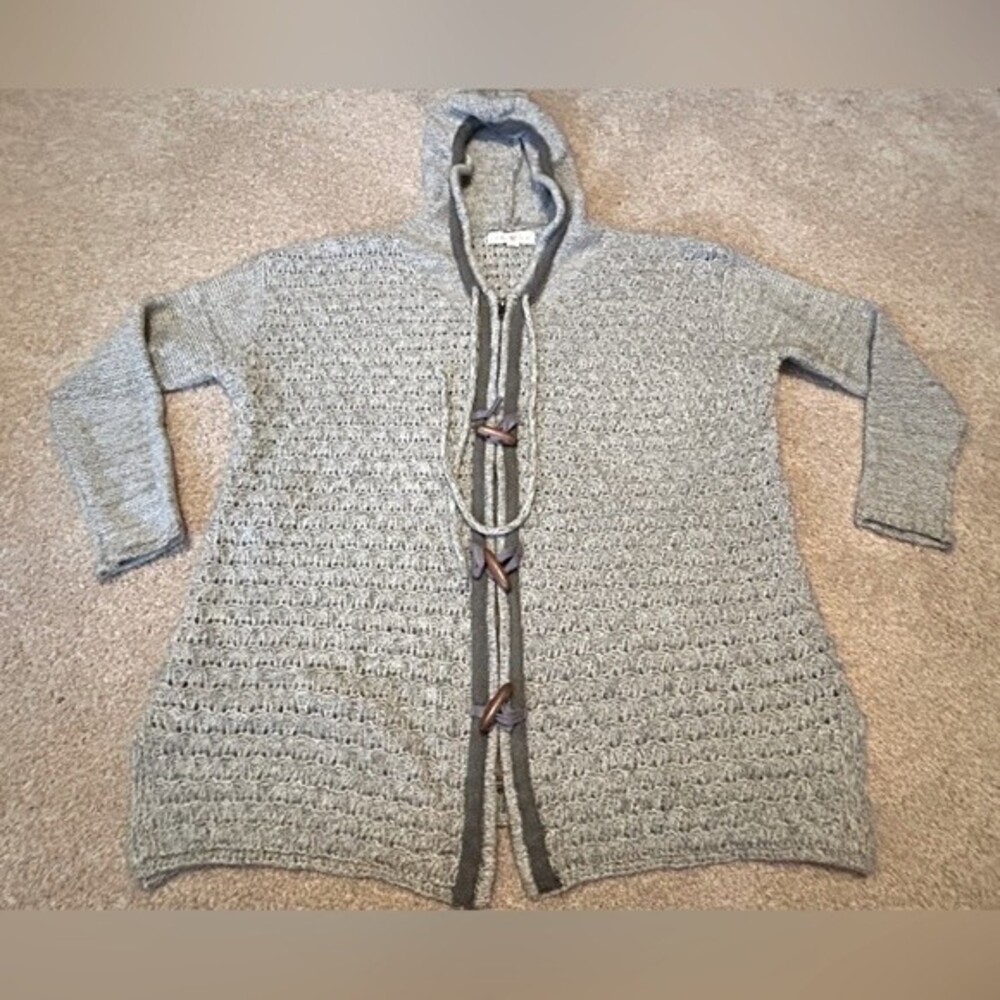 Lovestitch Grey Hooded Full Zip cable knit sweater toggle button detail Size M/L
